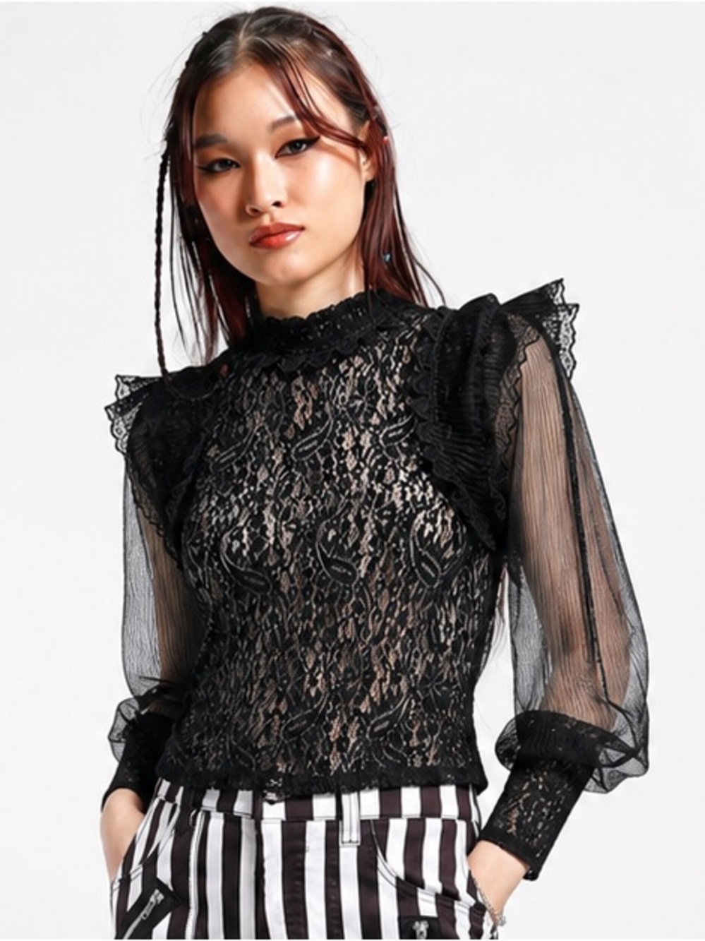 Black Lace Sheer Blouse Ruffle Mock Neck Goth Alt Grunge Statement Sleeve Top M